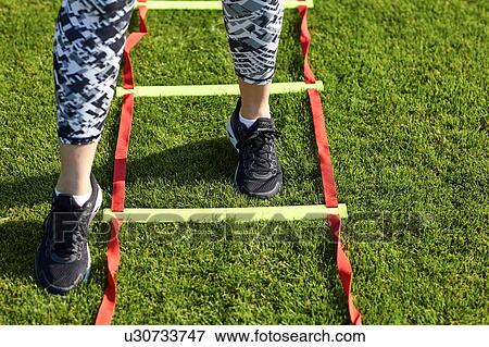 Feet of young woman training on agility ladder View Large Photo Image Stock Photo - Feet of young woman training on agility ladder. Fotosearch