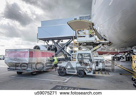 Stock Image - Ground crew loading freight into A380 aircraft. Fotosearch