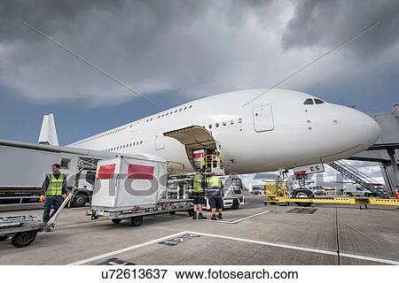 Stock Photo - Ground crew loading freight onto A380 aircraft. Fotosearch