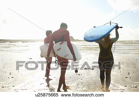 Group of surfers heading towards sea, carrying surfboards, rear view View Large Photo Image Stock Photography - Group of surfers heading towards sea, carrying surfboards, rear view. Fotosearch