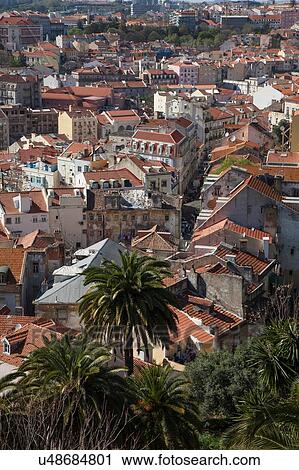 Stock Image - High angle rooftop cityscape, Lisbon, Portugal. Fotosearch