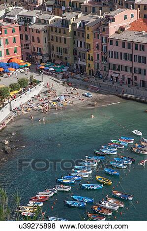Stock Photo - High angle view of Vernazza village and harbor, Cinque Terre, Italy. Fotosearch