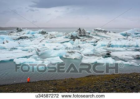 Stock Image - Hiker looking out to icebergs, Jokulsarlon, Iceland. Fotosearch