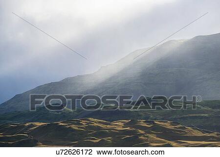 Mountain landscape with sunrays, Lon, Iceland View Large Photo Image Stock Image - Mountain landscape with sunrays, Lon, Iceland. Fotosearch