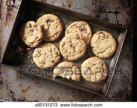 Overhead view of chocolate chunk cookies in baking tray View Large Photo Image Stock Image - Overhead view of chocolate chunk cookies in baking tray. Fotosearch