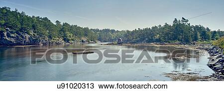 Panoramic view of fjord distant hut, Mosterhamn, Norway View Large Photo Image Stock Image - Panoramic view of fjord distant hut, Mosterhamn, Norway. Fotosearch