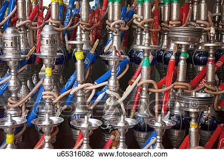 Stock Image - Rows of hookahs in bazaar, Dubai, United Arab Emirates. Fotosearch