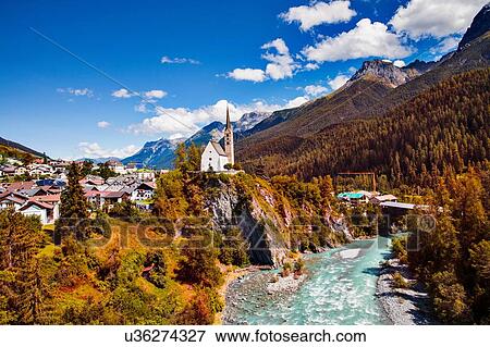 Scuol town and river valley, Engadin, Switzerland View Large Photo Image Stock Photo - Scuol town and river valley, Engadin, Switzerland. Fotosearch
