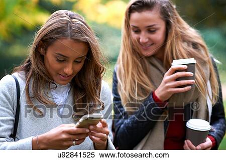 Two young female friends reading smartphone texts in park View Large Photo Image Stock Photography - Two young female friends reading smartphone texts in park. Fotosearch