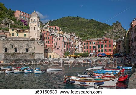 Stock Image - Vernazza village and harbor, Cinque Terre, Italy. Fotosearch