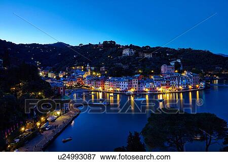 Waterfront town of Portofino at night, Italy View Large Photo Image Stock Photo - Waterfront town of Portofino at night, Italy. Fotosearch