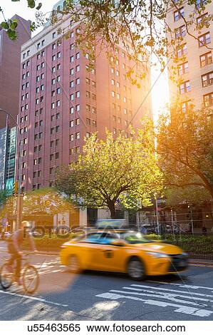 Stock Photography - Yellow cab and cyclist on the road in Park Avenue, New York, USA. Fotosearch