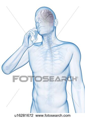 Drawing - "Cell phone and human brain, Illustration". Fotosearch