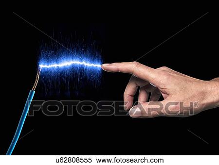 Stock Illustration - Finger touching blue sparks. Fotosearch