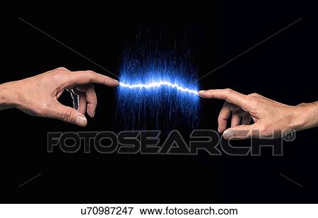 Fingers connected by blue sparks View Large Illustration Stock Illustration - Fingers connected by blue sparks. Fotosearch