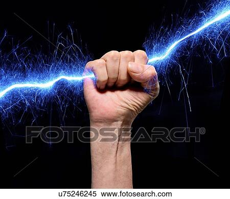 Hand holding blue sparks View Large Illustration Stock Illustration - Hand holding blue sparks. Fotosearch