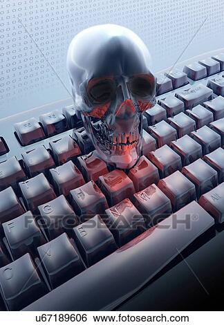 Stock Illustration - "Skull on computer keyboard, Illustration". Fotosearch