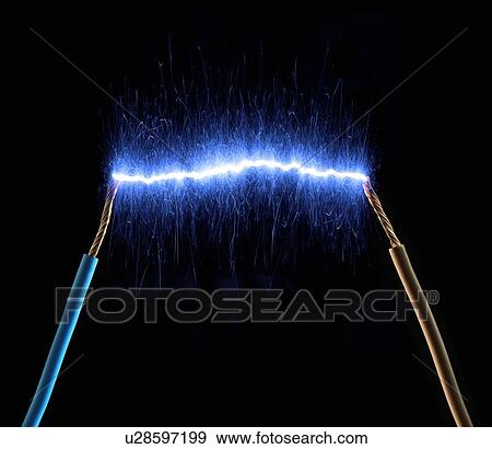 Stock Illustration - Wires connected by blue sparks. Fotosearch