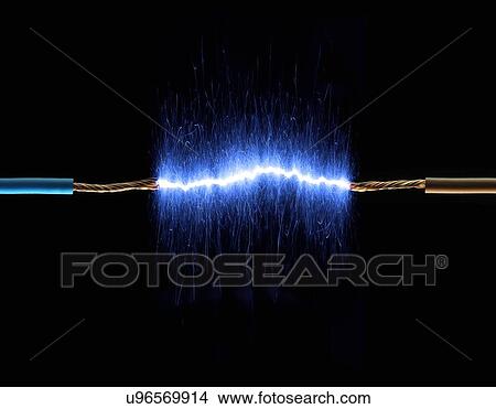 Stock Illustration - Wires connected by blue sparks. Fotosearch