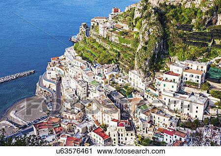 Stock Image - Aerial view of coastal town. Fotosearch