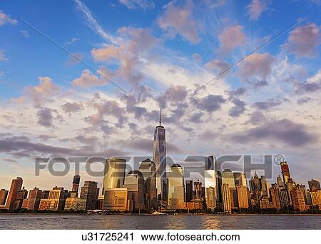 Stock Image - Financial district of lower Manhattan and Hudson River. Fotosearch