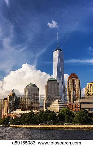 Stock Image - Financial district of lower Manhattan and Hudson River. Fotosearch