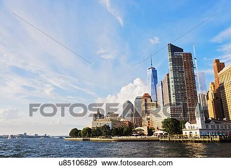 Stock Photo - Financial district of lower Manhattan and Hudson River. Fotosearch