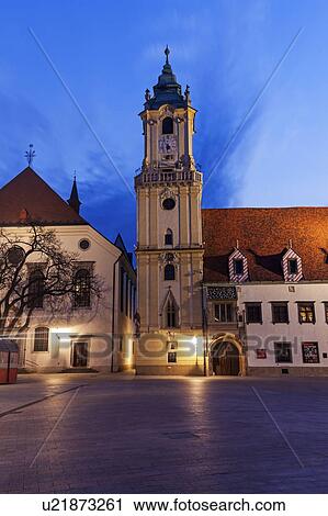 Illuminated town hall at dusk View Large Photo Image Stock Image - Illuminated town hall at dusk. Fotosearch