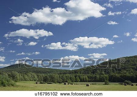 Stock Image - Landscape with field, hay bales and hills. Fotosearch