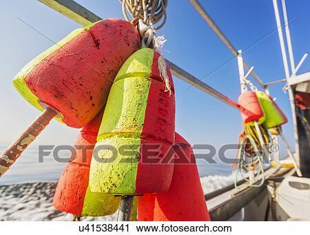 Stock Image - Lobster buoys tied to railing. Fotosearch