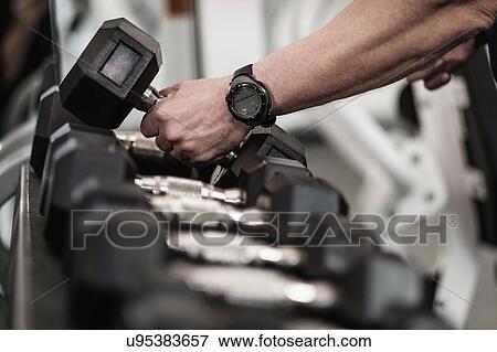 Man picking up dumbbells in health club View Large Photo Image Stock Photo - Man picking up dumbbells in health club. Fotosearch