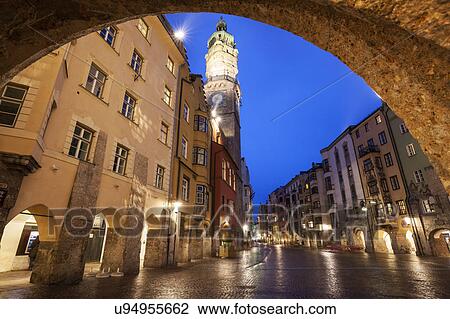 Stock Image - Old town at dusk. Fotosearch