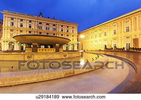 Stock Photo - Piazza de Ferrari illuminated at dusk. Fotosearch