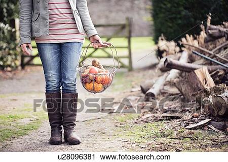 Stock Image - Cropped shot of woman holding basket of organic fruit and veg on dirt track. Fotosearch