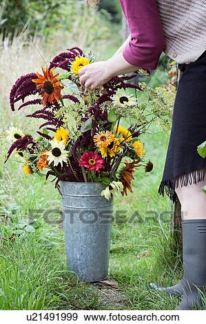 Stock Photo - Cropped view of mature woman arranging flowers in bucket at allotment. Fotosearch