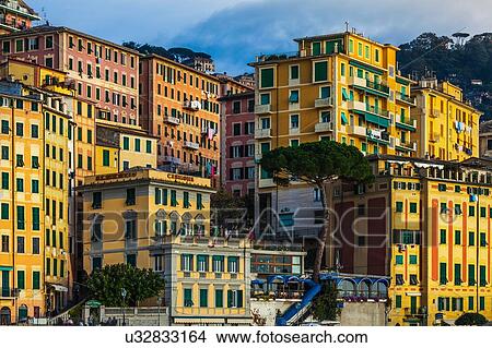 Detail of colorful apartments and hotels on hillside, Camogli, Liguria, Italy View Large Photo Image Picture - Detail of colorful apartments and hotels on hillside, Camogli, Liguria, Italy. Fotosearch