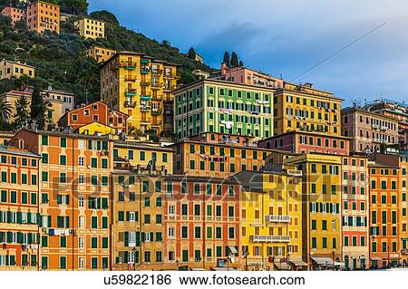 Stock Photograph - Detail of colorful hotels and apartments on hillside, Camogli, Liguria, Italy. Fotosearch