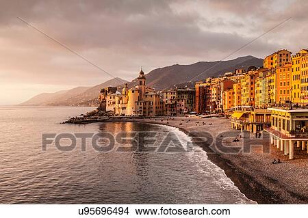 Elevated view of beach and hotels, Camogli, Liguria, Italy View Large Photo Image Picture - Elevated view of beach and hotels, Camogli, Liguria, Italy. Fotosearch