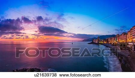 Elevated view of coastline at sunset, Camogli, Liguria, Italy View Large Photo Image Stock Photo - Elevated view of coastline at sunset, Camogli, Liguria, Italy. Fotosearch