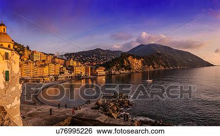 Stock Photograph - Elevated view of coastline, Camogli, Liguria, Italy. Fotosearch