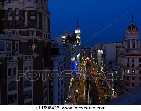Elevated view of Gran Via illuminated at night, Madrid, Spain View Large Photo Image Stock Photograph - Elevated view of Gran Via illuminated at night, Madrid, Spain. Fotosearch