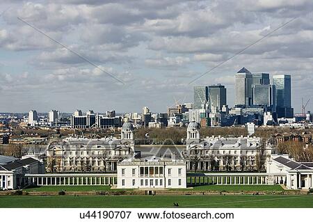 Stock Photo - Elevated view of Greenwich University and Canary Wharf, London, UK. Fotosearch