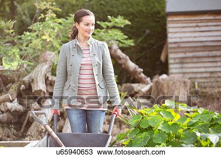 Female gardener pushing wheelbarrow in rustic organic garden View Large Photo Image Stock Image - Female gardener pushing wheelbarrow in rustic organic garden. Fotosearch