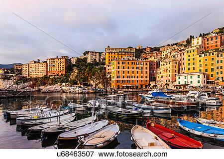 Stock Photo - Fishing boats moored in harbour, Camogli, Liguria, Italy. Fotosearch