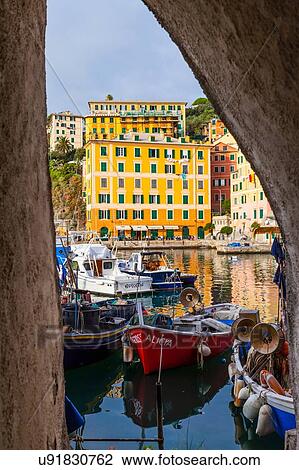 Framed view of fishing boats in harbour, Camogli, Liguria, Italy View Large Photo Image Stock Image - Framed view of fishing boats in harbour, Camogli, Liguria, Italy. Fotosearch