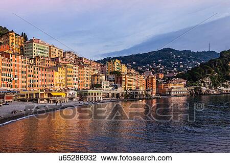 Stock Image - Hotels and beach, Camogli, Liguria, Italy. Fotosearch