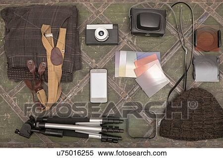 Photography equipment on table, overhead view View Large Photo Image Stock Photography - Photography equipment on table, overhead view. Fotosearch