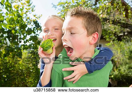 Stock Photo - Portrait of boy and sister with picked apple from orchard. Fotosearch