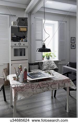 Room interior, artist materials on table View Large Photo Image Picture - Room interior, artist materials on table. Fotosearch