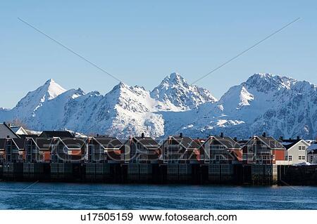 Stock Photo - Row of waterfront houses, Svolvaer, Lofoten Islands, Norway. Fotosearch